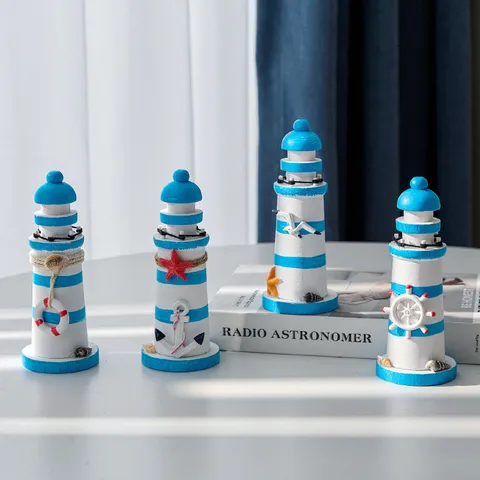 Ornamento Faro in Legno Mediterraneo Decorazione da Tavolo Nautica Timone Salvagente Ancora Stella Marina Statuetta Arredamento