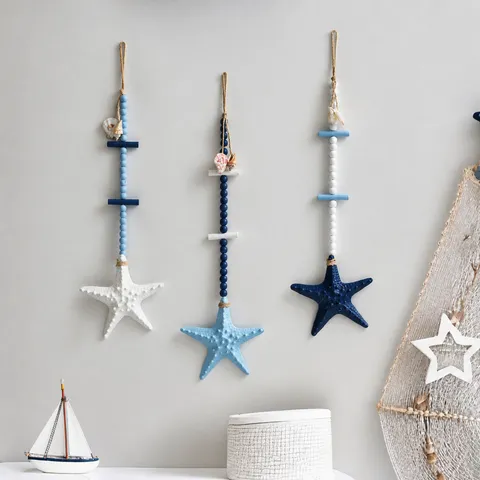 Decorazione da Parete con Stella Marina in Legno Stile Mediterraneo Ornamento Pendente con Perline Blu e Bianco per Casa Ristorante