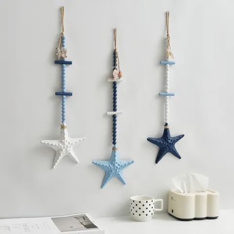 Decorazione da Parete con Stella Marina in Legno Stile Mediterraneo Ornamento Pendente con Perline Blu e Bianco per Casa Ristorante