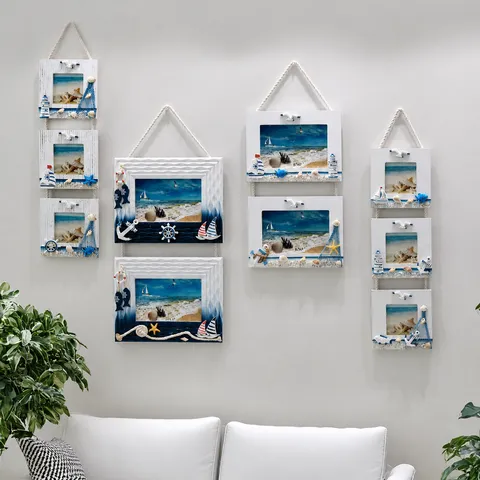 Stile Mediterraneo Creativo Vintage Tripla Cornice per Foto da Parete Sospesa in Legno Decorazione Nautica per la Casa