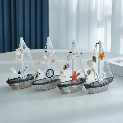 Modello di Barca a Vela in Legno Miniatura Mediterraneo Vintage Nautico Tavolo Decorazione Conchiglia Stella Marina Ancora Ufficio