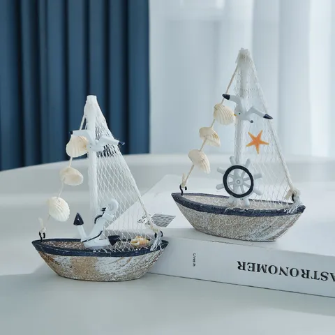 Modello di Barca a Vela in Legno Miniatura Mediterraneo Vintage Nautico Tavolo Decorazione Conchiglia Stella Marina Ancora Ufficio