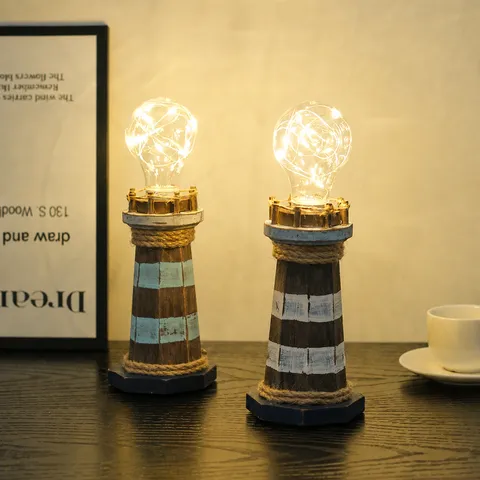 Mediterrane Houten Vuurtoren Tafelornament Retro Verouderd Verlichte LED Bureau Decor Huis Decoratie Cadeau
