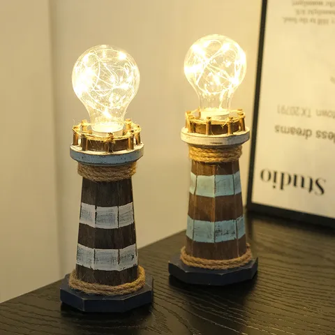 Mediterrane Houten Vuurtoren Tafelornament Retro Verouderd Verlichte LED Bureau Decor Huis Decoratie Cadeau