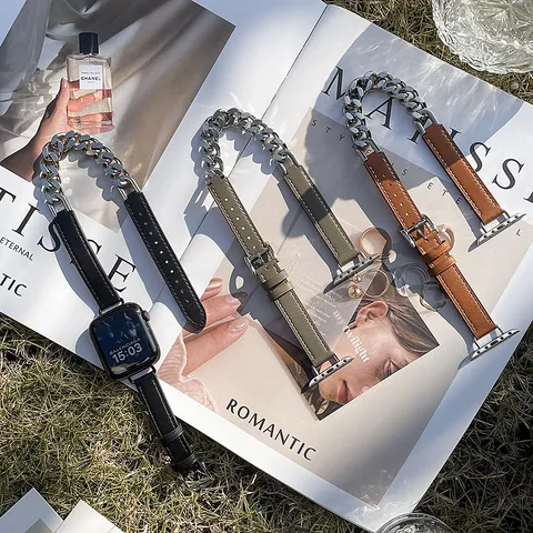 Echtes Leder Und Edelstahl Kette Doppelte Schlaufe Uhrenarmband Für Apple Watch Damen Ersatzarmband