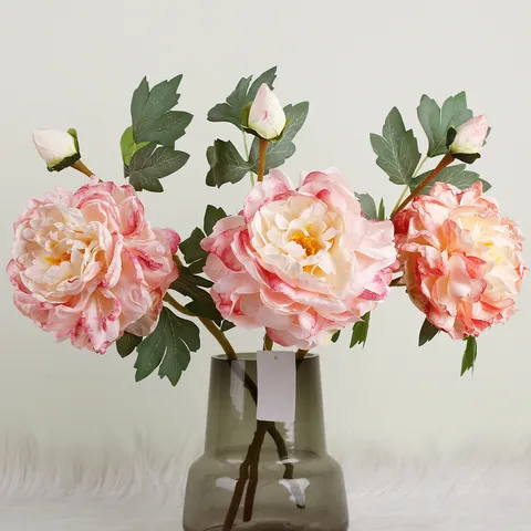 Style Peinture à l'Huile Vintage Européen Fleur de Pivoine Artificielle en Tissu de Soie Bord Brûlé Branche de Pivoine à Deux Dents pour Table à Manger de Maison Mariage Fête Décoration