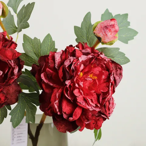 Style Peinture à l'Huile Vintage Européen Fleur de Pivoine Artificielle en Tissu de Soie Bord Brûlé Branche de Pivoine à Deux Dents pour Table à Manger de Maison Mariage Fête Décoration