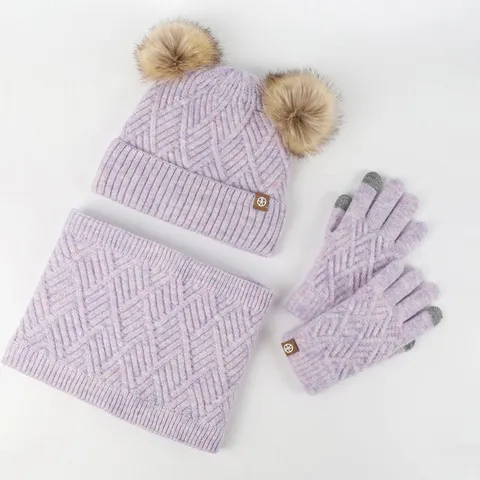 Enfants Hiver Tricot Bonnet Écharpe Gants Chaud Doublé Polaire Bonnet avec Doubles Pompons Moufles Écran Tactile pour Garçons Filles