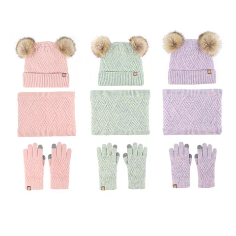 Enfants Hiver Tricot Bonnet Écharpe Gants Chaud Doublé Polaire Bonnet avec Doubles Pompons Moufles Écran Tactile pour Garçons Filles