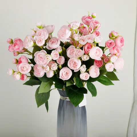 Artificial Camellia Flower Bouquet 12 Heads Small Tea Roses Silk Flowers For Home Wedding Party Hotel Decor Shooting Props