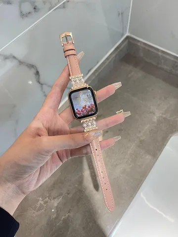Bracelet de Montre en Cuir Véritable Élégant Avec Ornement de Perles et Strass Sangle de Remplacement Pour Montre Connectée