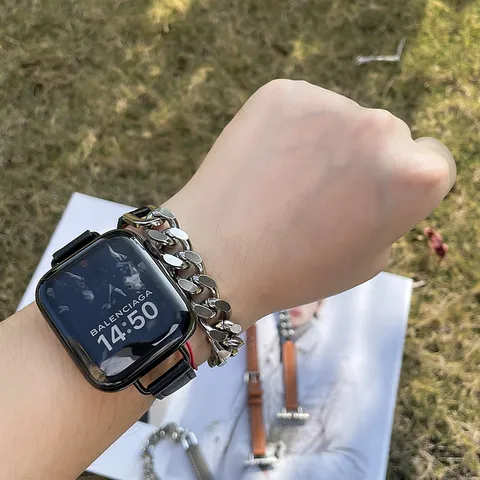 Echtes Leder Und Edelstahl Kette Doppelte Schlaufe Uhrenarmband Für Apple Watch Damen Ersatzarmband