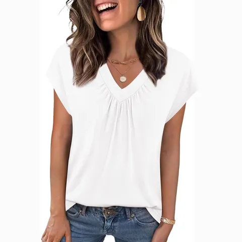 Camiseta de Algodón de Color Casual para Mujer Cuello en V Manga Corta Ajuste Holgado Color Sólido Tops Jersey Verano