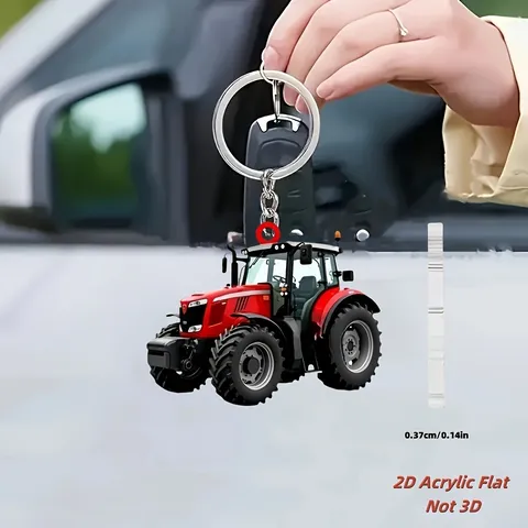 Red Harvester Tractor 2D Flat Acrylic Pendant Car Rearview Mirror Hanging Ornament Keychain For Men Women Auto Interior Decor