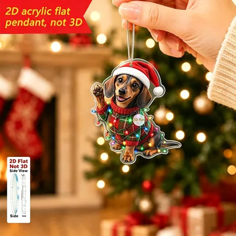 Χριστούγεννα Dachshund Σκύλος Ποδήλατο Μενταγιόν 2D Ακρυλικό Επίπεδο Κρεμαστό Στολίδι Άγιος Βασίλης Καβάλα σε Σκύλο Γιορτινή Διακόσμηση Δέντρου Εορταστική Ατμόσφαιρα Διακόσμηση Σπιτιού Δώρο