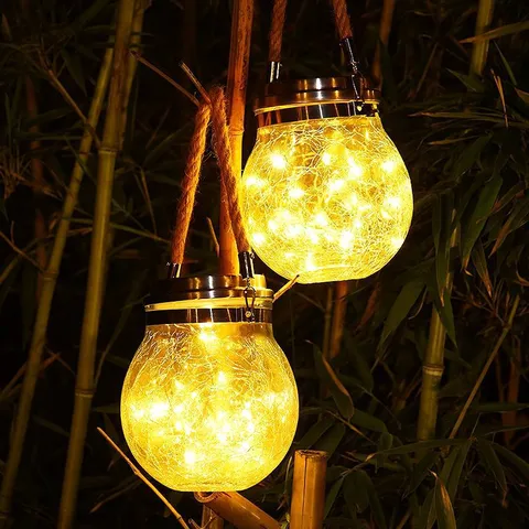Lámpara Colgante de Patio de Vidrio Craquelado Solar Lámpara Decorativa de Paisaje de Jardín Impermeable con Cadena de LED
