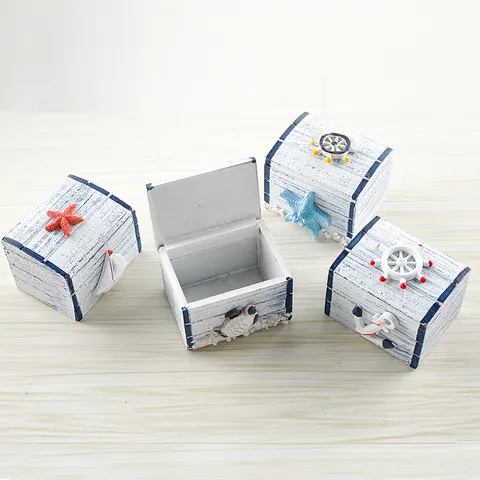 Scatola di Immaginazione in Legno Mediterranea Piccolo Organizer da Scrivania Vintage Blu Bianco Portagioie con Decorazione a Tema Marino