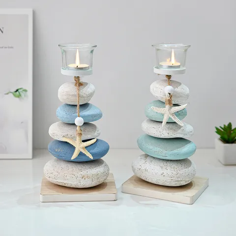 Mediterrane Stijl Steen Kandelaar Houten Basis Glazen Beker Met Zeester Decor Desktop Tafel Ornament