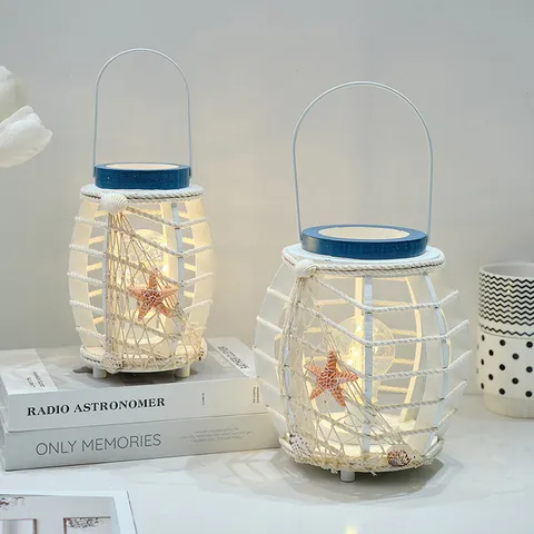 Mediterrane Stijl LED Licht Houten Lantaarn Huis Slaapkamer Decoratief Ornament Mariene Strand Kust Nachtlampje