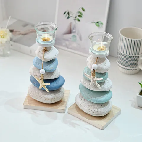 Mediterrane Stijl Steen Kandelaar Houten Basis Glazen Beker Met Zeester Decor Desktop Tafel Ornament