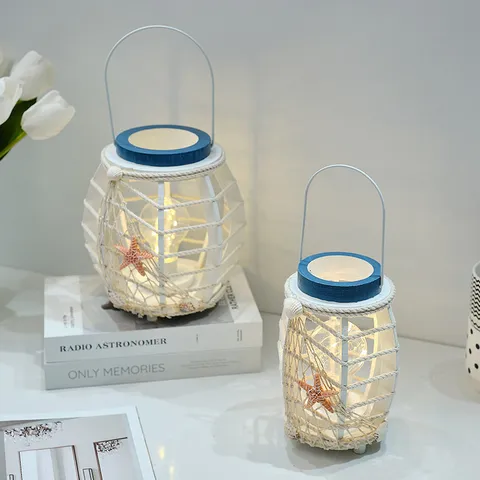 Mediterrane Stijl LED Licht Houten Lantaarn Huis Slaapkamer Decoratief Ornament Mariene Strand Kust Nachtlampje