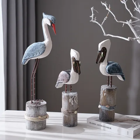 Statuetta di Uccello in Legno Stile Mediterraneo Blu Vintage Gabbiano Ornamento da Scrivania Decorazione Casa Stanza Bambini Regalo
