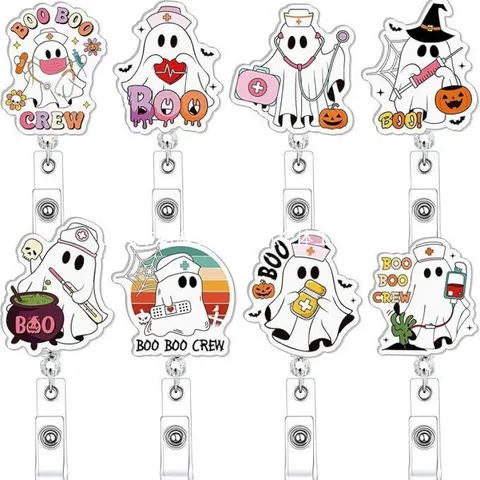 Halloween Ghost Badge Reel Retractable ID Holder For Nurses Doctors Halloween Medical Ghost Nurse Badge Clips Acrylic Name Tag Holder