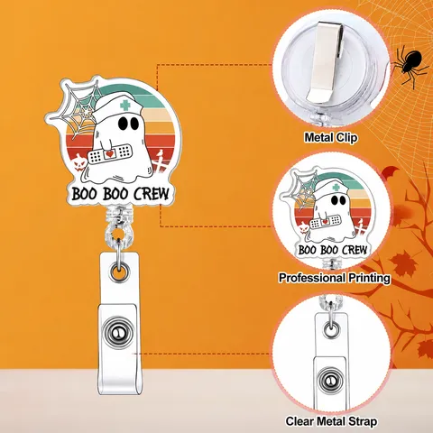 Halloween Ghost Badge Reel Retractable ID Holder For Nurses Doctors Halloween Medical Ghost Nurse Badge Clips Acrylic Name Tag Holder