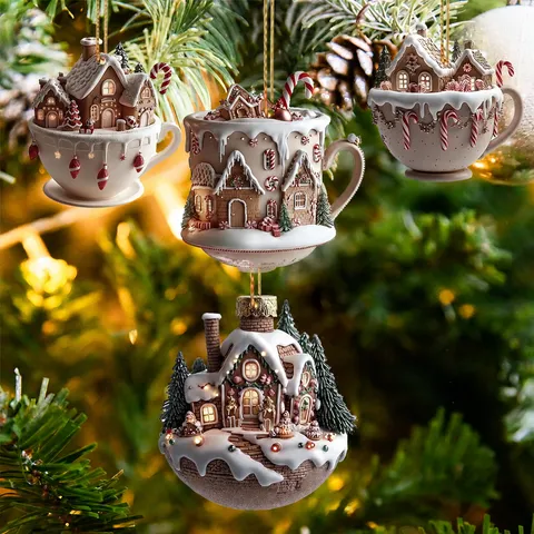 Cartoon Weihnachten Lebkuchenhaus Acryl Anhänger Kreative Schneehaus Kaffeetasse Schlüsselanhänger Hängende Deko Geschenk Ornament