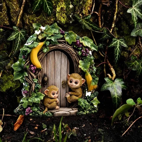 Miniature Porte de Jardin de Fées Décoration d'Arbre Bois de Pin Extérieur Cour Panda Chat Champignon Statues de Jardin Micro Paysage Ornements