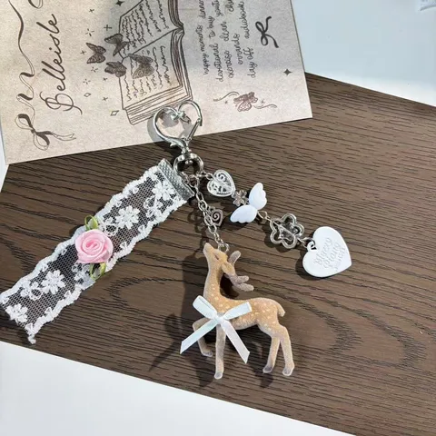 Cadena para Teléfono Estilo Coreano Encaje Ciervo Hecha a Mano Abalorios Corazón Rosa Colgante Ins Accesorios para Móvil