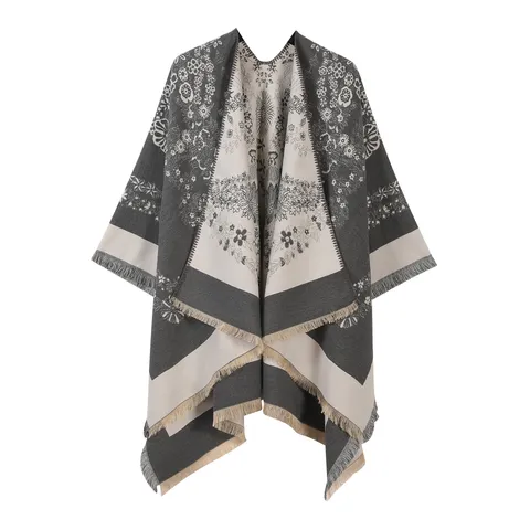 Women's French Floral Split Poncho Shawl With Tassel Warm Polyester Jacquard Cape For Autumn Winter Outdoor Wraps
