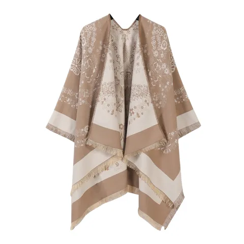 Women's French Floral Split Poncho Shawl With Tassel Warm Polyester Jacquard Cape For Autumn Winter Outdoor Wraps