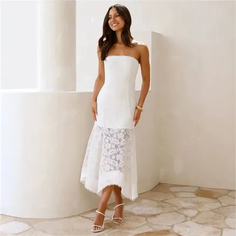 Women Strapless Lace Patchwork Cutout Maxi Dress Elegant Slim Fit Sleeveless Solid Color Casual Summer Party Dress
