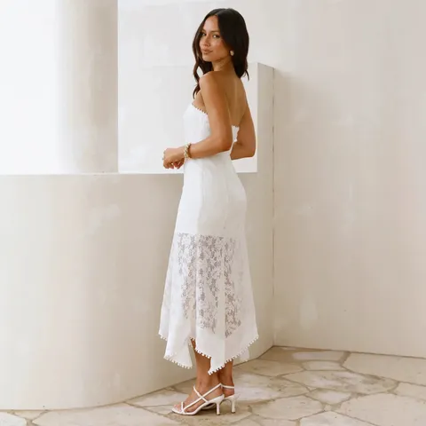 Women Strapless Lace Patchwork Cutout Maxi Dress Elegant Slim Fit Sleeveless Solid Color Casual Summer Party Dress