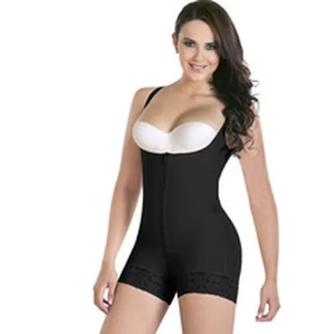 Damen Body Shapewear Vorne Reißverschluss Bauchkontrolle Taille Cincher Po Heber Offene Büste Body Shaper Jumpsuit Mit Spitzenbesatz