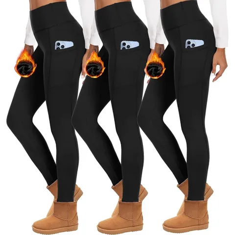 Leggings da Donna a Vita Alta Foderati in Pile Pantaloni da Yoga Termici Invernali Con Tasche Aderenti Elasticizzati Lunghezza Caviglia