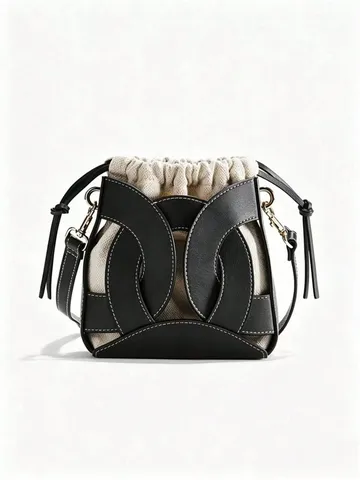 Fashion Patchwork PU Leather Bucket Bag For Women Niche Design Commuter Shoulder Bag With Inner Drawstring Pouch Crossbody Bag