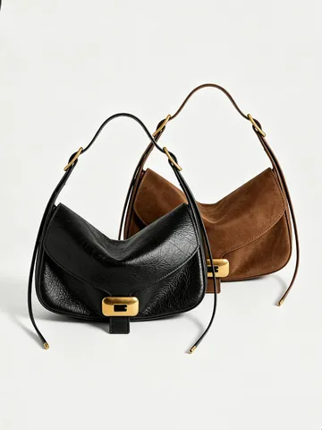 Women Oil Wax PU Leather Motorcycle Bag Fashion Commute Underarm Bag Shoulder Messenger Bag With Metal Lock Square Handbag