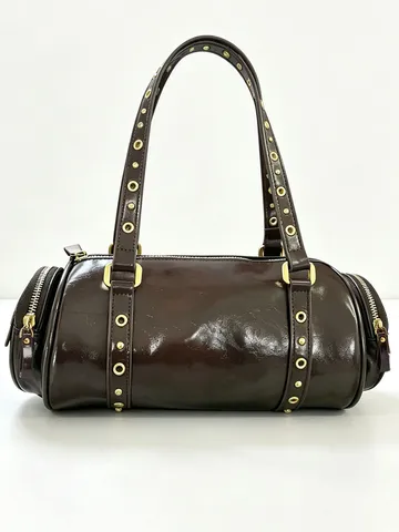 Vintage Rivet PU Leather Boston Bag For Women Retro Coffee Bowling Shoulder Bag Glossy Casual Handbag With Metal Eyelets
