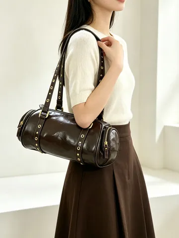 Vintage Rivet PU Leather Boston Bag For Women Retro Coffee Bowling Shoulder Bag Glossy Casual Handbag With Metal Eyelets