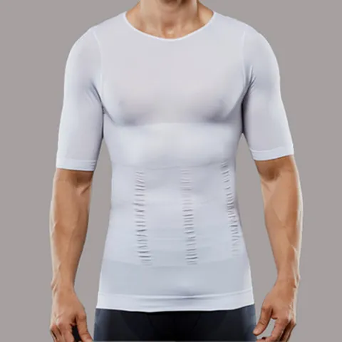 Seamless Men's Body Shaper Short Sleeve Top Nylon Spandex Tummy Control Back Support Compression T-Shirt For Gym Fitness Daily
