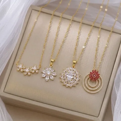 Collar Con Colgante de Flor de Diamantes de Imitación de Acero de Titanio para Mujer Joyería de Cadena de Clavícula de Moda