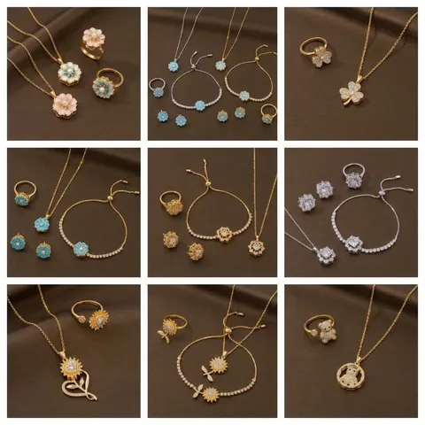 Collar de Pendiente de Flor de Trébol de Acero de Titanio Incrustado de Diamantes de Imitación Joyería de Moda para Mujer Cadena de Clavícula Oro Plata