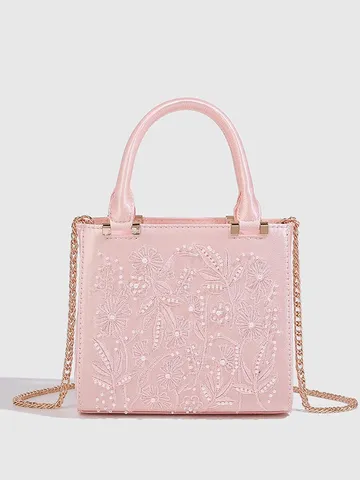 Retro Elegant Floral Embroidered Pearl Evening Handbag Women Fashion Satin Top Handle Crossbody Shoulder Bag