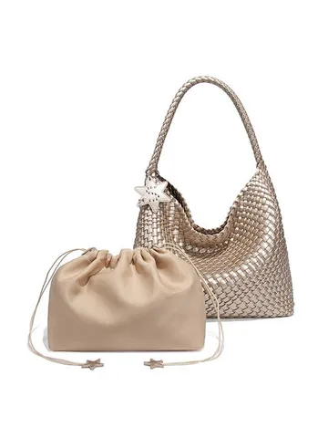 Large Capacity Handmade Woven Tote Bag High-End PU Leather Shoulder Bag With Star Charm Drawstring Inner Pouch Casual Lazy Style