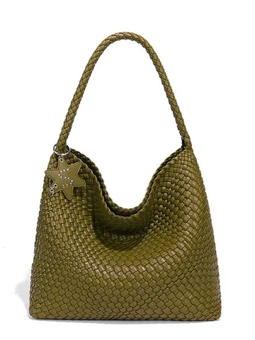 Large Capacity Handmade Woven Tote Bag High-End PU Leather Shoulder Bag With Star Charm Drawstring Inner Pouch Casual Lazy Style