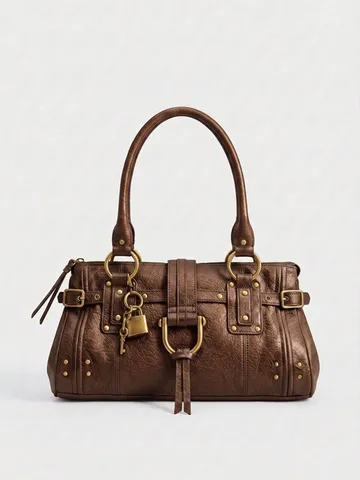 Y2K High Capacity Women Handbag Retro PU Leather Shoulder Bag With Lock Rivet Motorcycle Style Underarm Tote Bag Fashion Large Hobo Bag