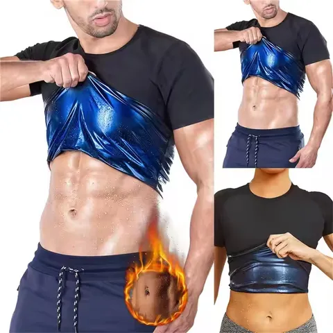Top Moldeador de Traje de Sauna de Manga Corta Unisex Camisa de Polímero Atrapadora de Calor para Gimnasio Entrenamiento