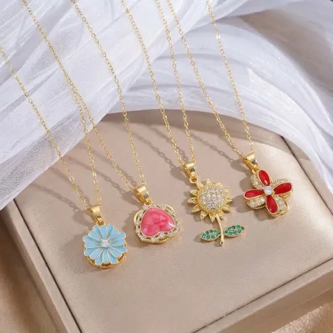 Collar de Pendiente de Acero de Titanio para Mujer Moda Lujo Diamante de Imitación Corazón Floral Trébol Pendiente Oro Plata Joyería
